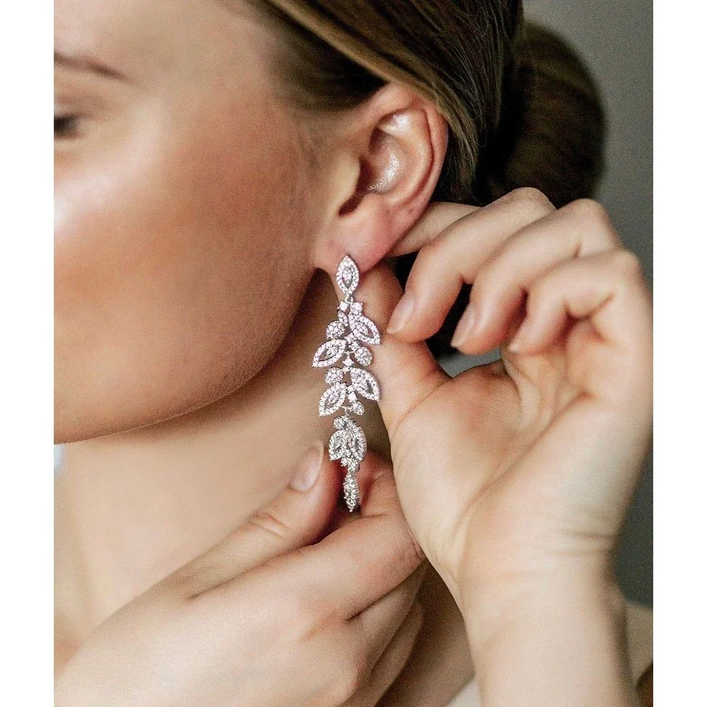 14K Gold Plated Leaflet Special Occasion Dangle Drop Earrings - Picture 8 of 10